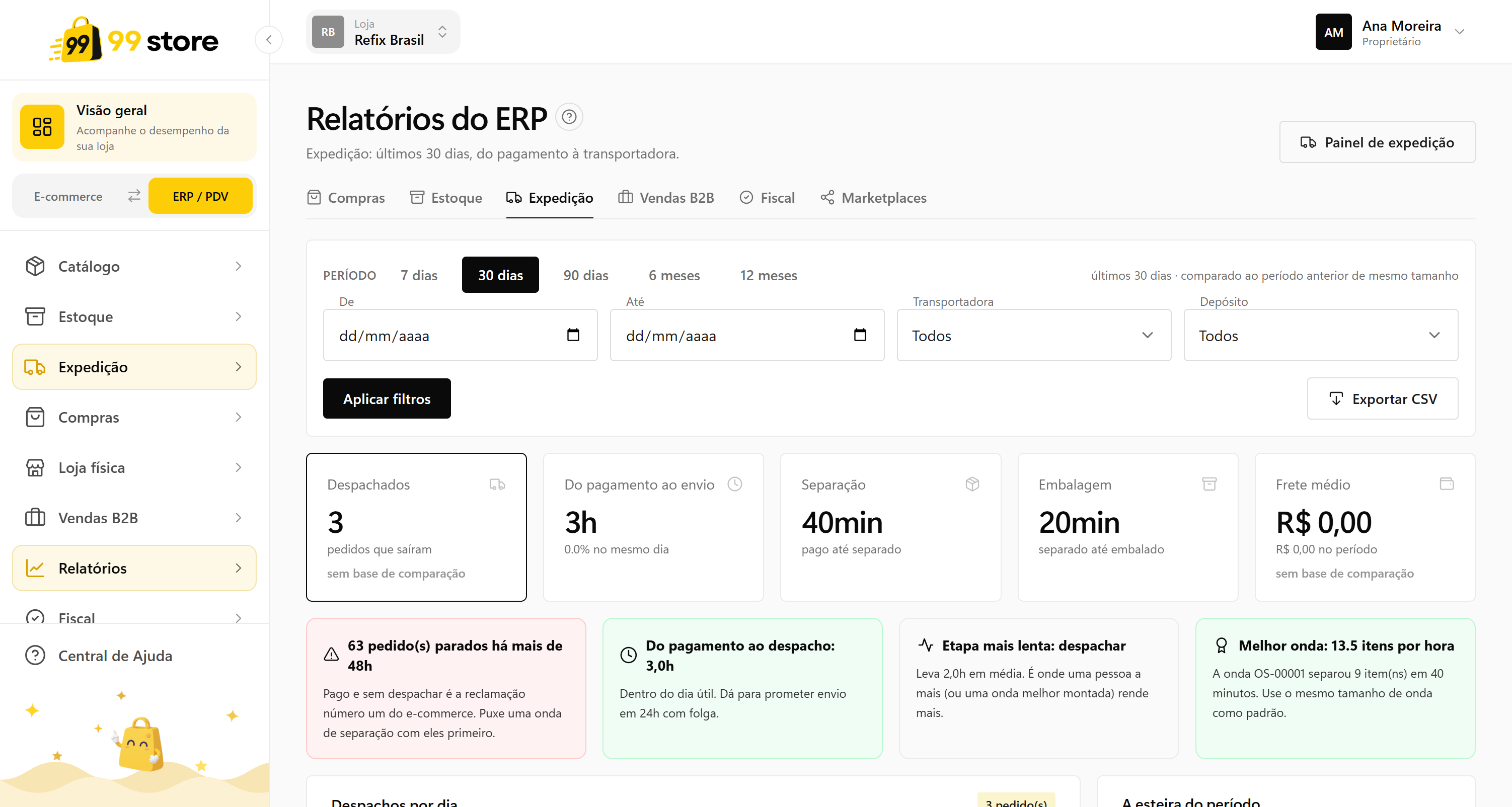 Tela de Expedição na 99store