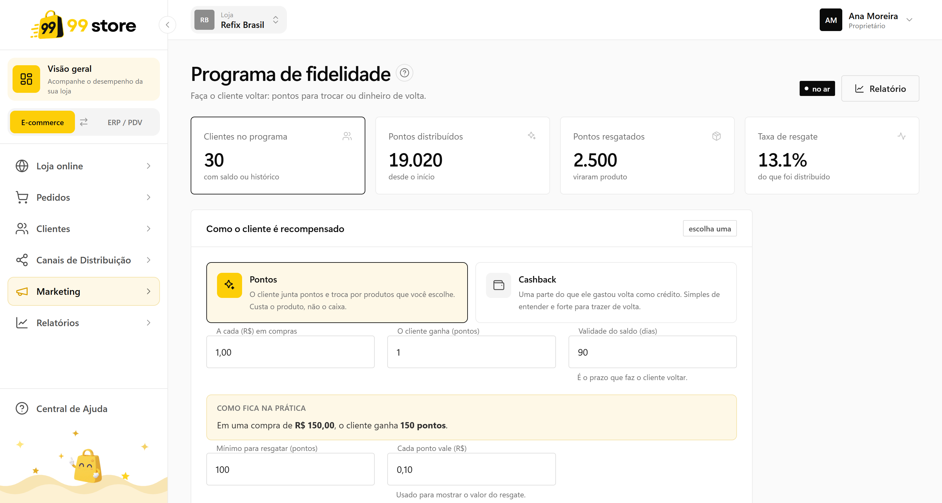 Tela de Fidelidade na 99store