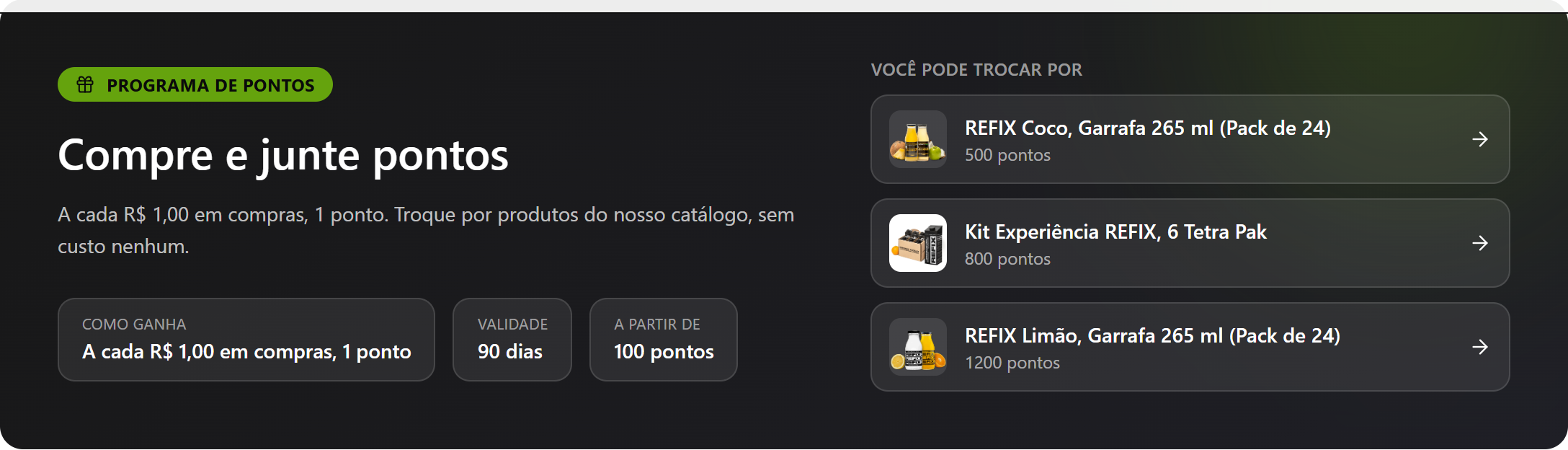 Faixa do programa de fidelidade na página inicial da loja