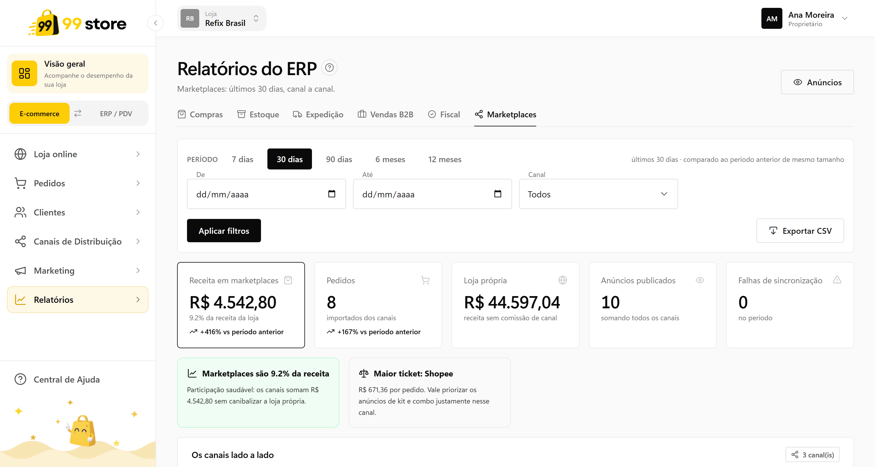 Tela de Marketplaces na 99store