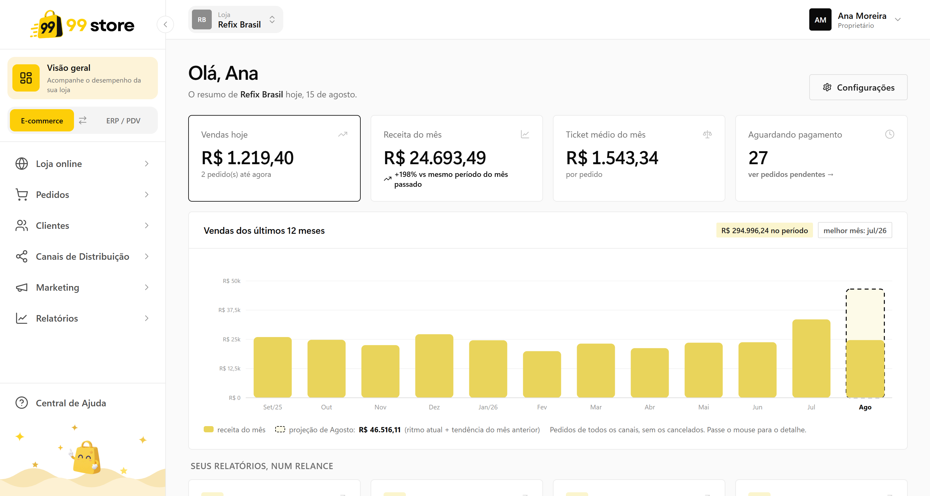 Painel da 99store com o resumo de vendas da loja